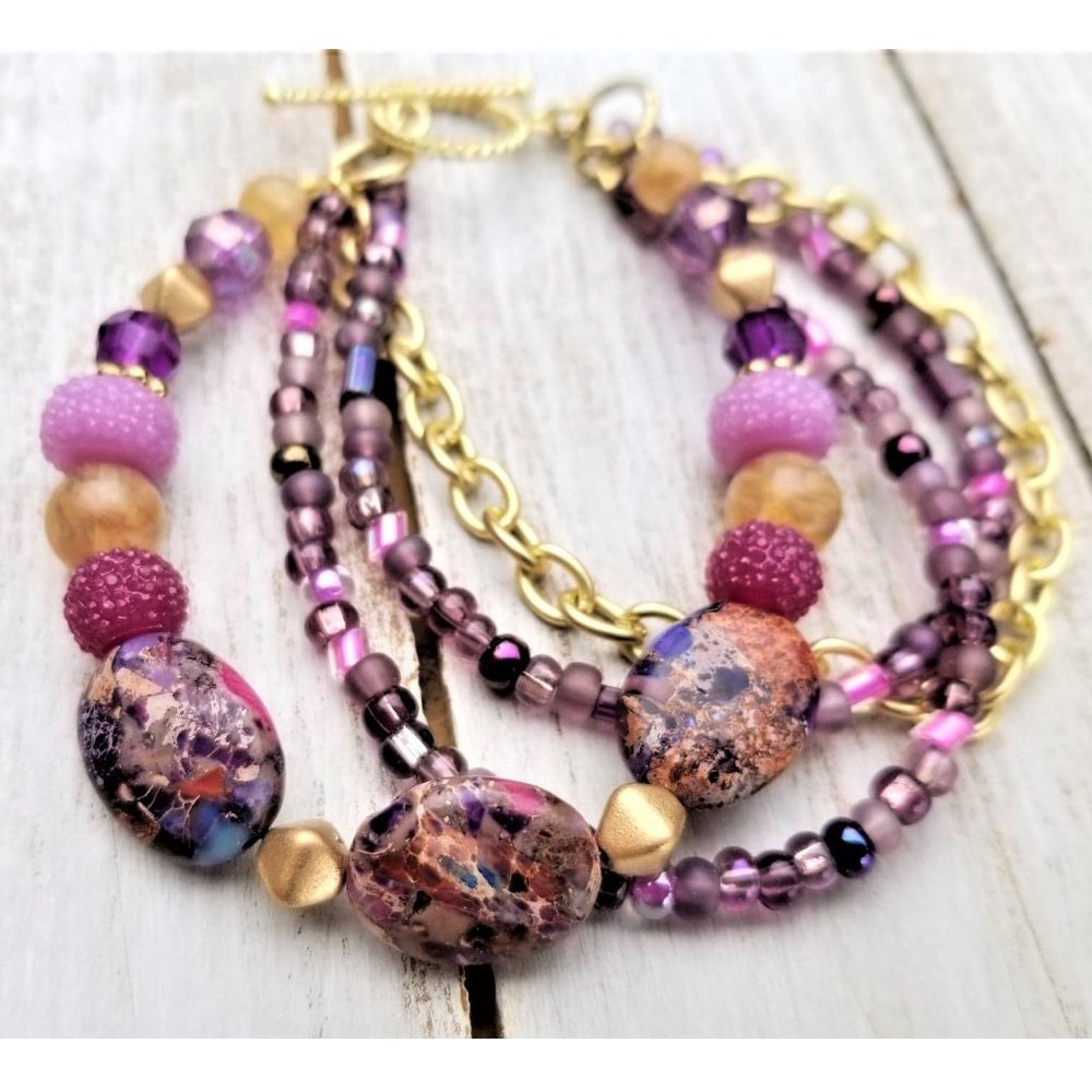 Artisan Necklace Earrings and Bracelet Set Purple Gold Magenta Stone Beads - Picture 10 of 15